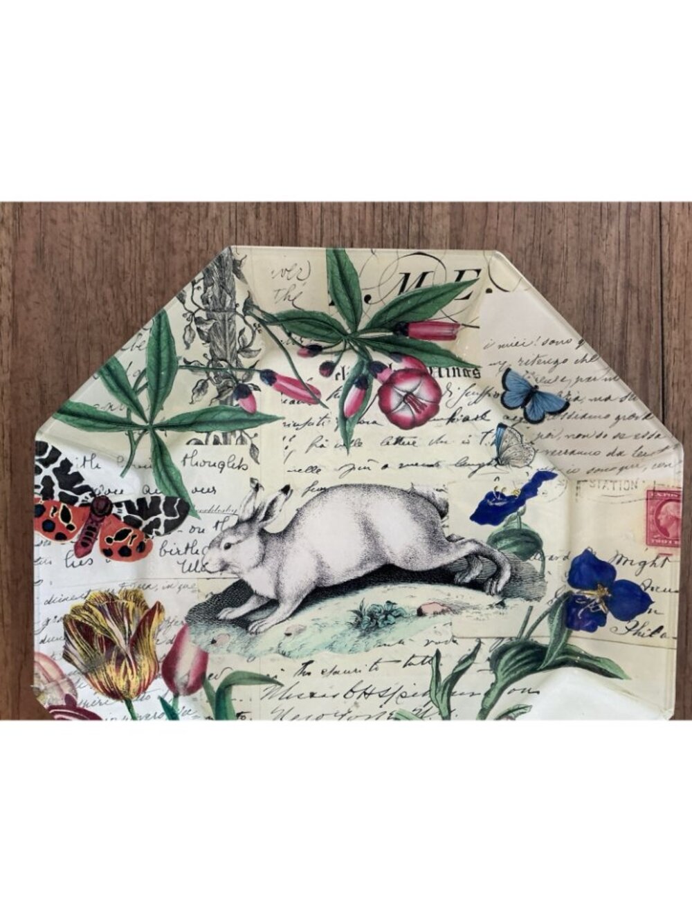 John Derian Rabbit Botanical Octagon Plates Pair Easter Decoupage Glass 10" - Picture 4 of 12